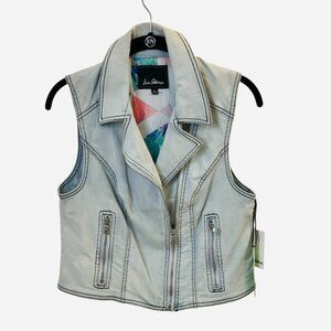 Sam Edelman Denim Cropped Moto Vest Blue Women's Sleeveless Jean Jacket- L-- NWT